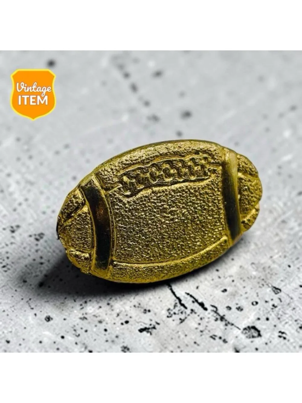 Vintage Football Ball Varsity Jacket Lapel Pin Oval Gold Tone Letterman Pinback.